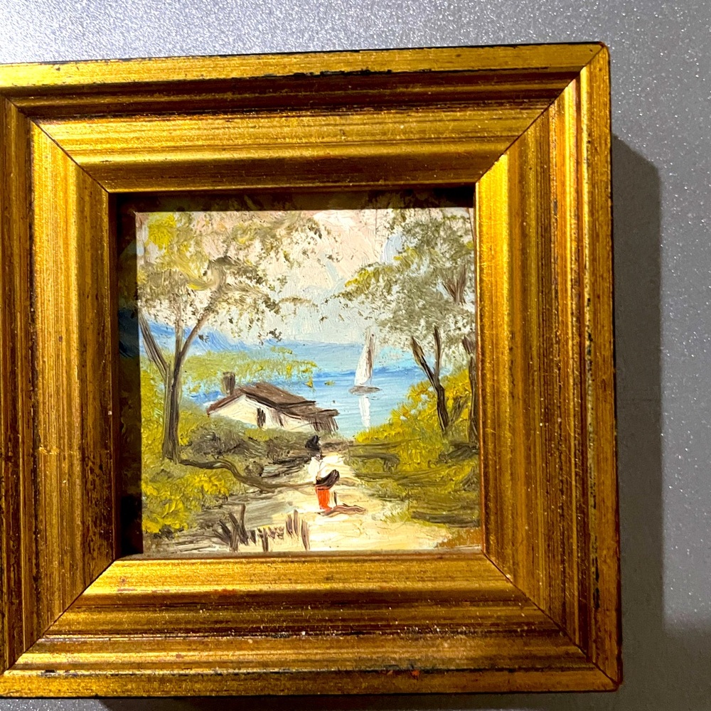 Miniature Framed Landscape Art with Gold Frame